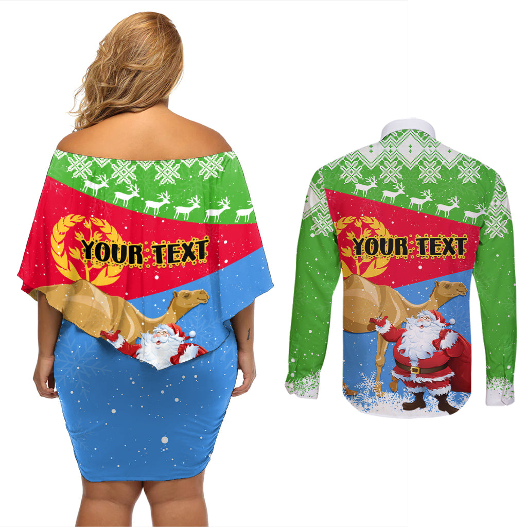 Custom Eritrea Christmas Couples Matching Off Shoulder Short Dress and Long Sleeve Button Shirt Santa Claus With Dromedary Camel - Wonder Print Shop