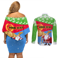 Custom Eritrea Christmas Couples Matching Off Shoulder Short Dress and Long Sleeve Button Shirt Santa Claus With Dromedary Camel - Wonder Print Shop