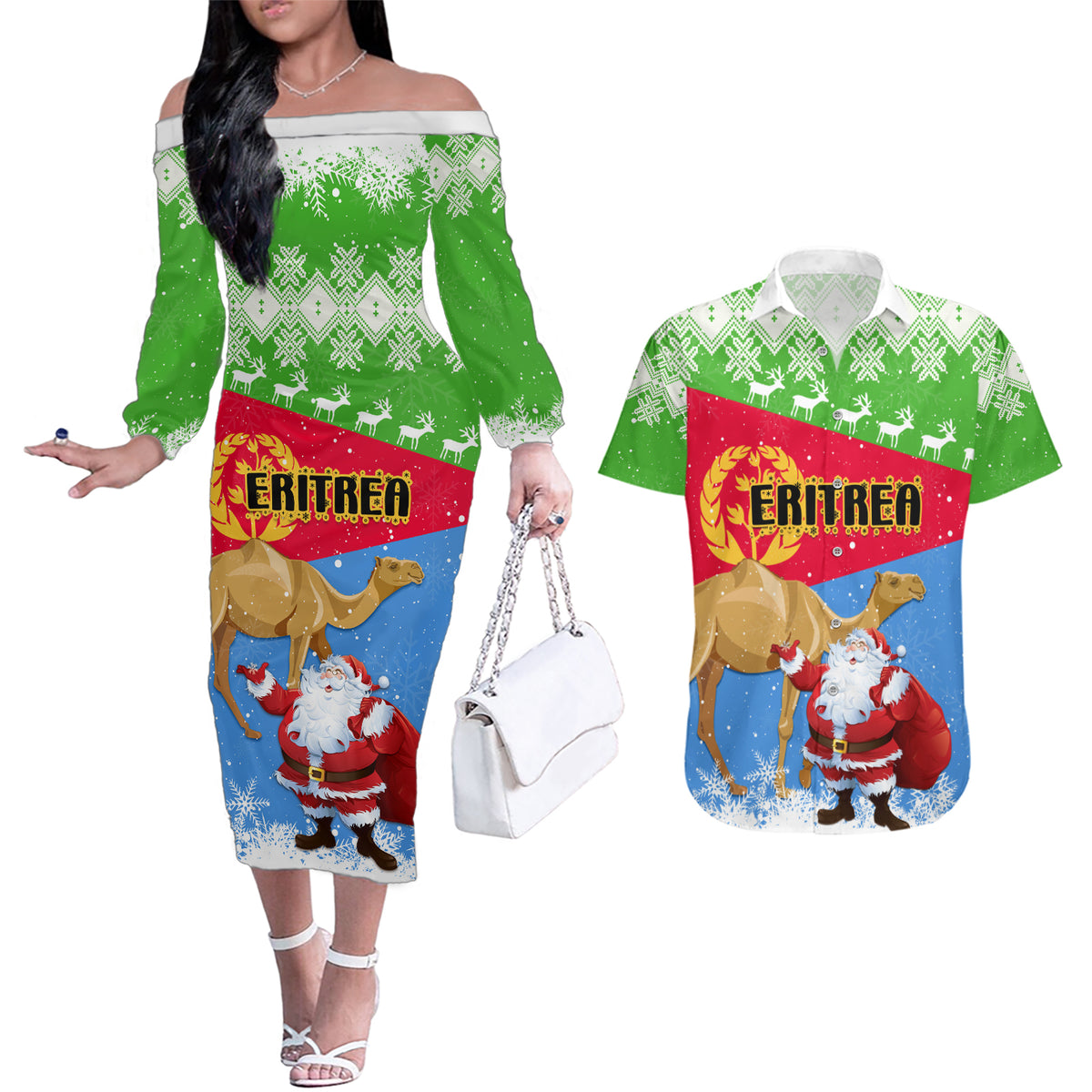 Custom Eritrea Christmas Couples Matching Off The Shoulder Long Sleeve Dress and Hawaiian Shirt Santa Claus With Dromedary Camel - Wonder Print Shop