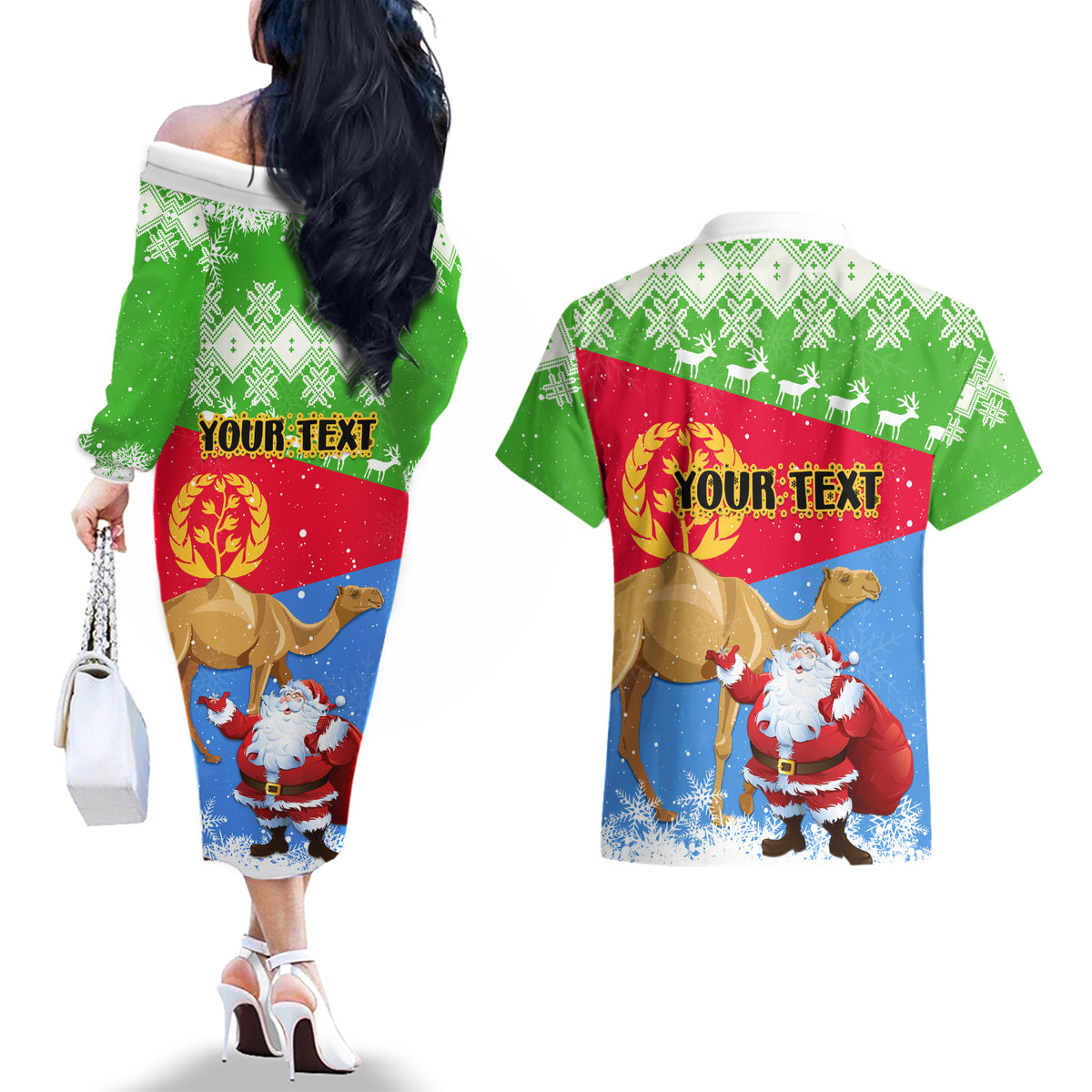 Custom Eritrea Christmas Couples Matching Off The Shoulder Long Sleeve Dress and Hawaiian Shirt Santa Claus With Dromedary Camel - Wonder Print Shop