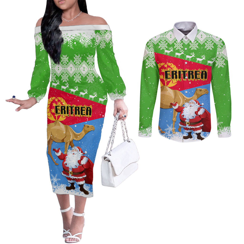 custom-eritrea-christmas-couples-matching-off-the-shoulder-long-sleeve-dress-and-long-sleeve-button-shirt-santa-claus-with-dromedary-camel