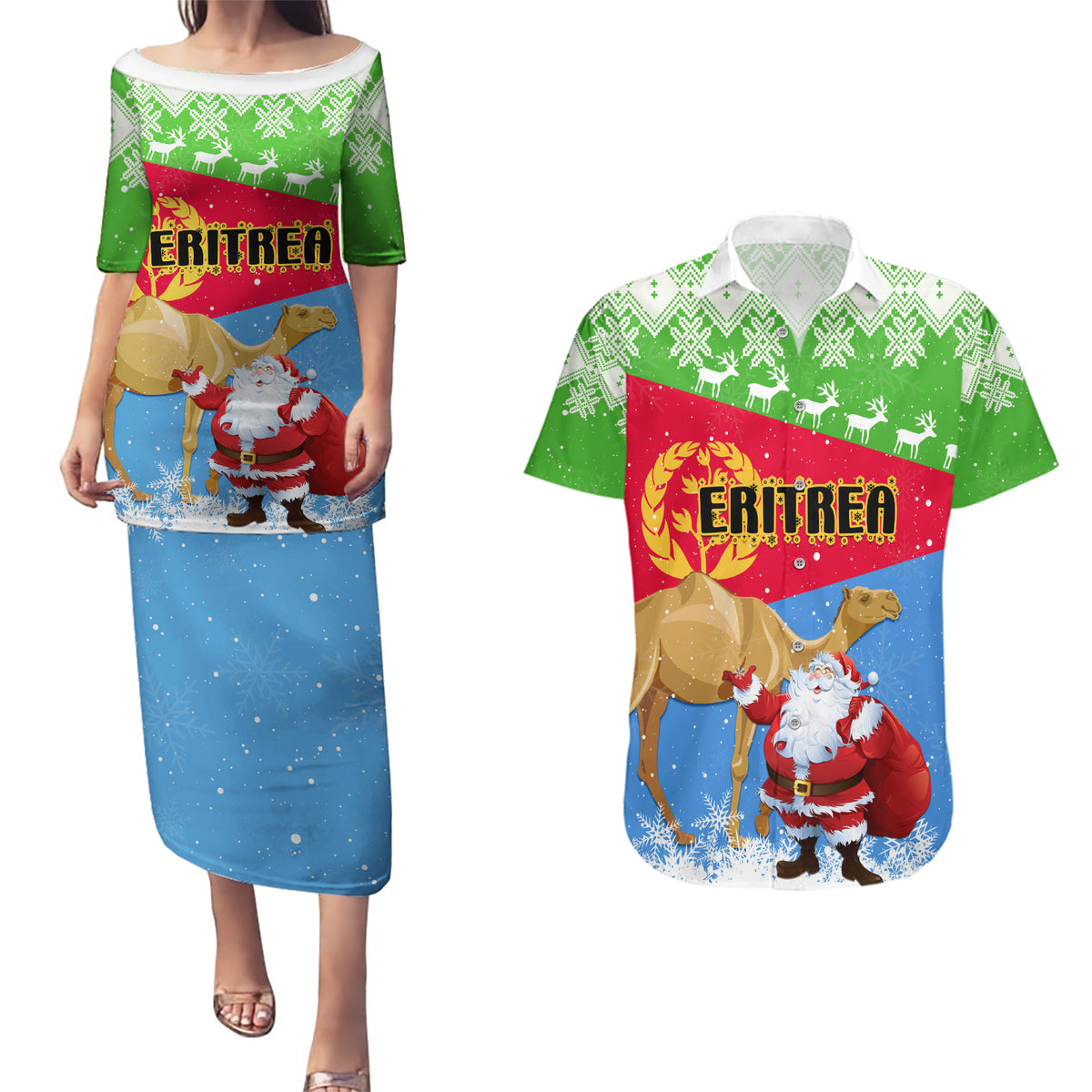 Custom Eritrea Christmas Couples Matching Puletasi Dress and Hawaiian Shirt Santa Claus With Dromedary Camel - Wonder Print Shop
