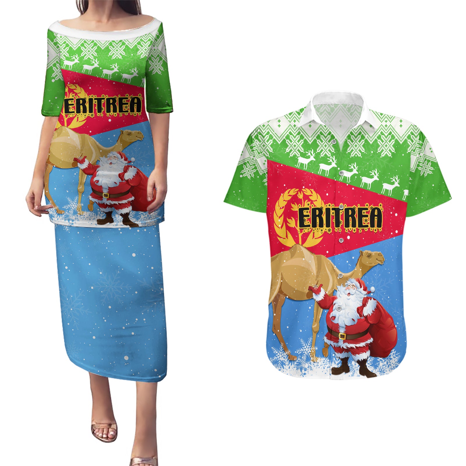 Custom Eritrea Christmas Couples Matching Puletasi Dress and Hawaiian Shirt Santa Claus With Dromedary Camel - Wonder Print Shop
