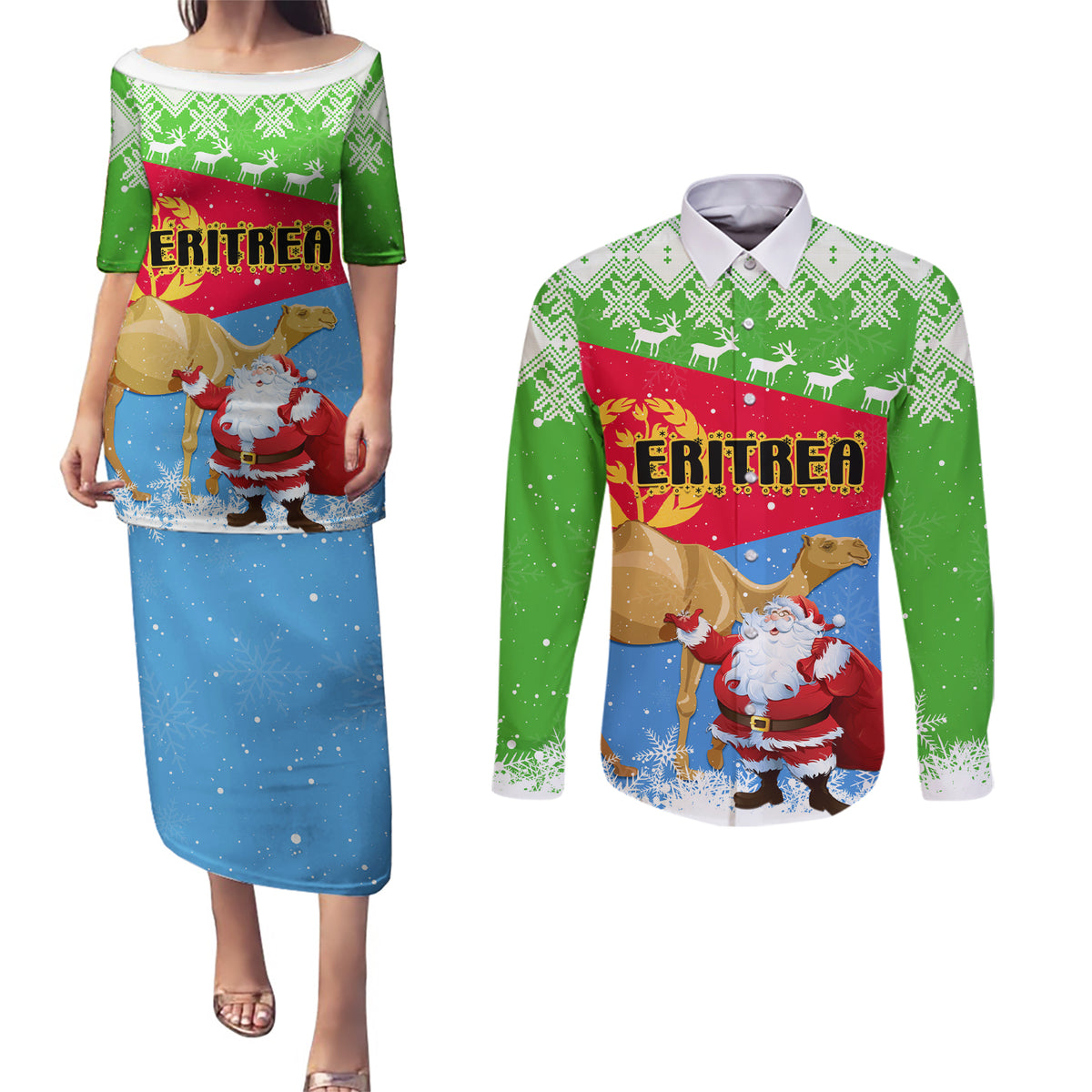Custom Eritrea Christmas Couples Matching Puletasi Dress and Long Sleeve Button Shirt Santa Claus With Dromedary Camel - Wonder Print Shop