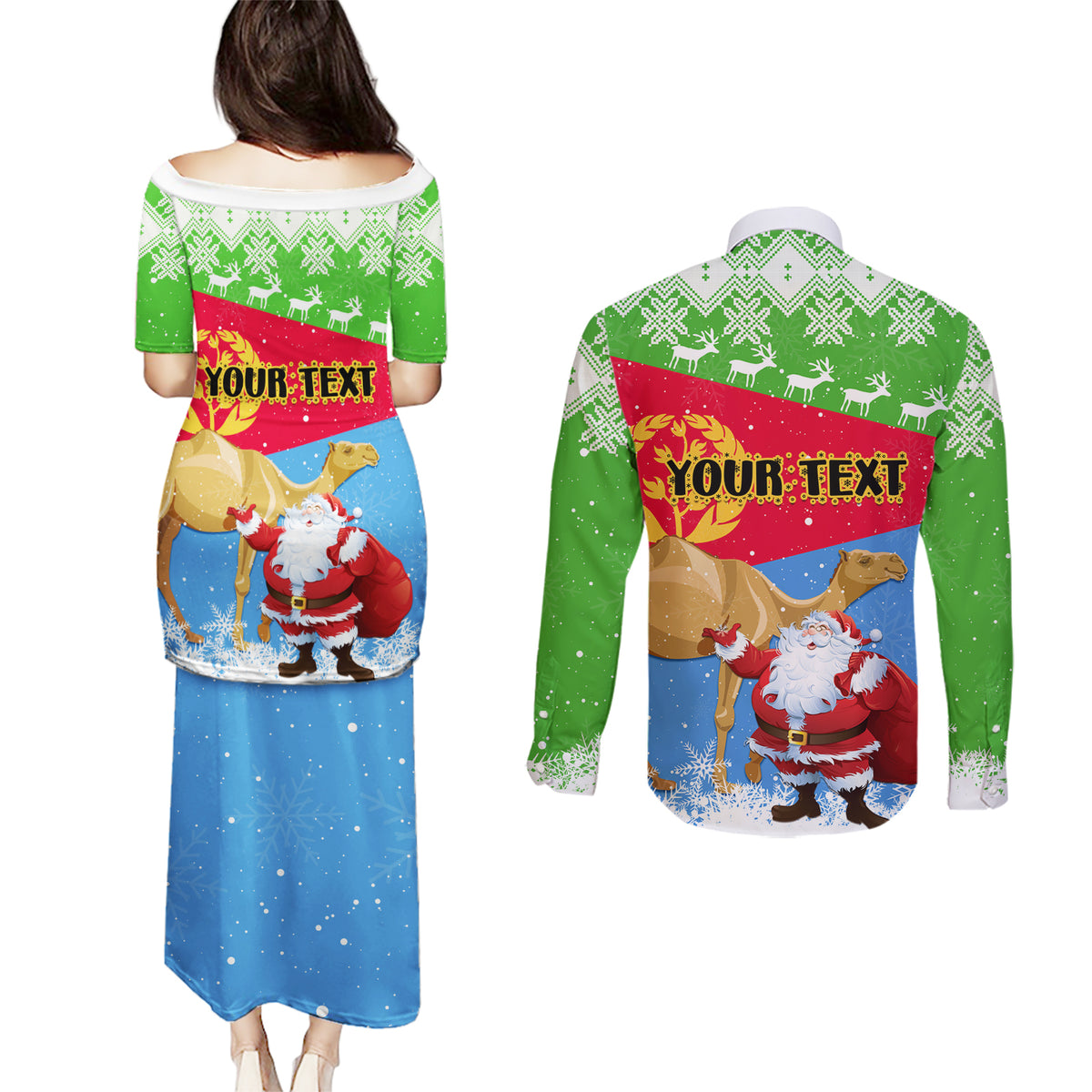 Custom Eritrea Christmas Couples Matching Puletasi Dress and Long Sleeve Button Shirt Santa Claus With Dromedary Camel - Wonder Print Shop
