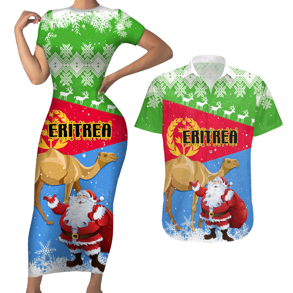 Custom Eritrea Christmas Couples Matching Short Sleeve Bodycon Dress and Hawaiian Shirt Santa Claus With Dromedary Camel - Wonder Print Shop