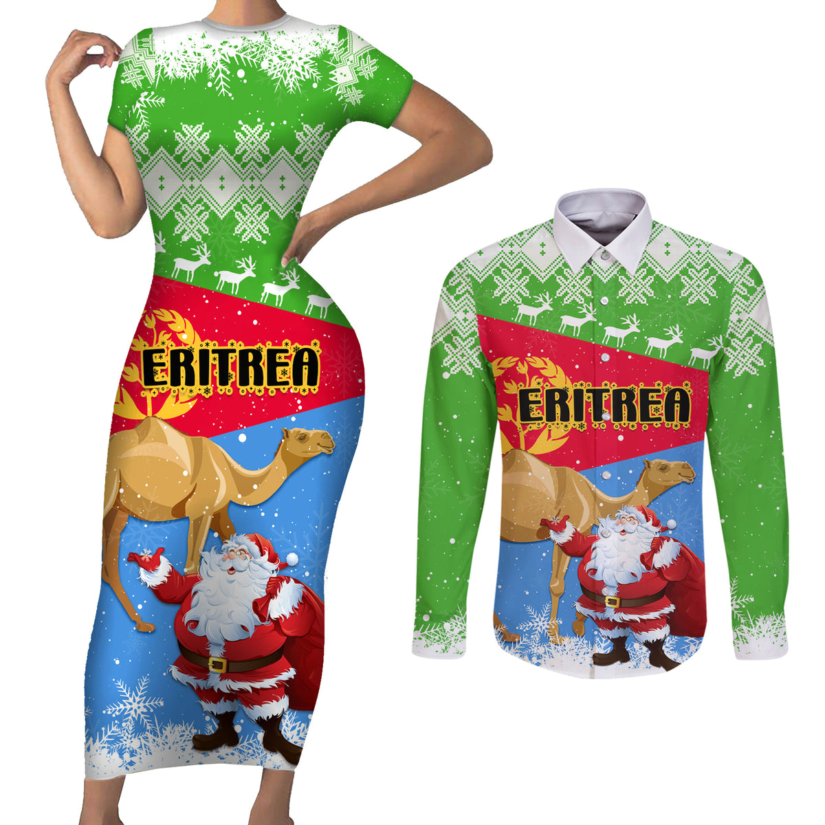 Custom Eritrea Christmas Couples Matching Short Sleeve Bodycon Dress and Long Sleeve Button Shirt Santa Claus With Dromedary Camel - Wonder Print Shop