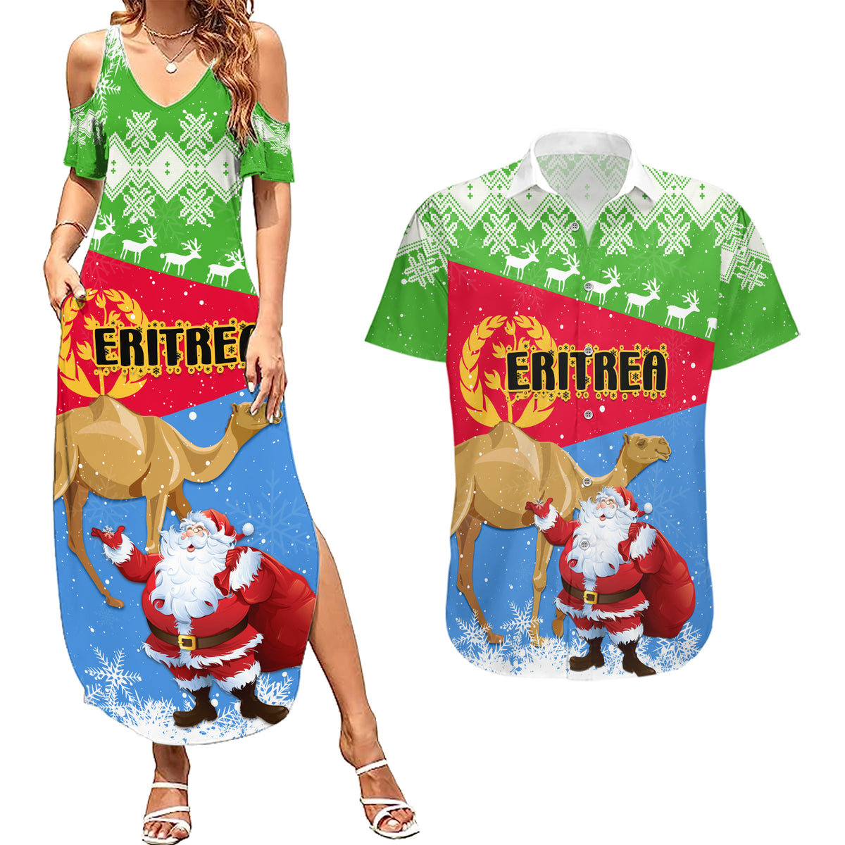 Custom Eritrea Christmas Couples Matching Summer Maxi Dress and Hawaiian Shirt Santa Claus With Dromedary Camel - Wonder Print Shop