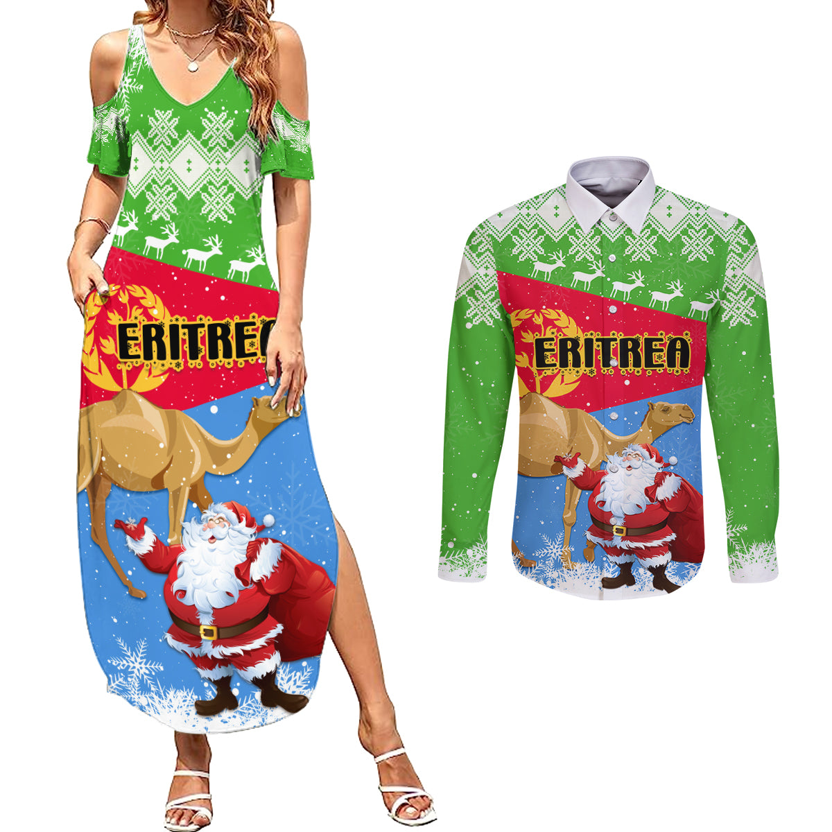 Custom Eritrea Christmas Couples Matching Summer Maxi Dress and Long Sleeve Button Shirt Santa Claus With Dromedary Camel - Wonder Print Shop