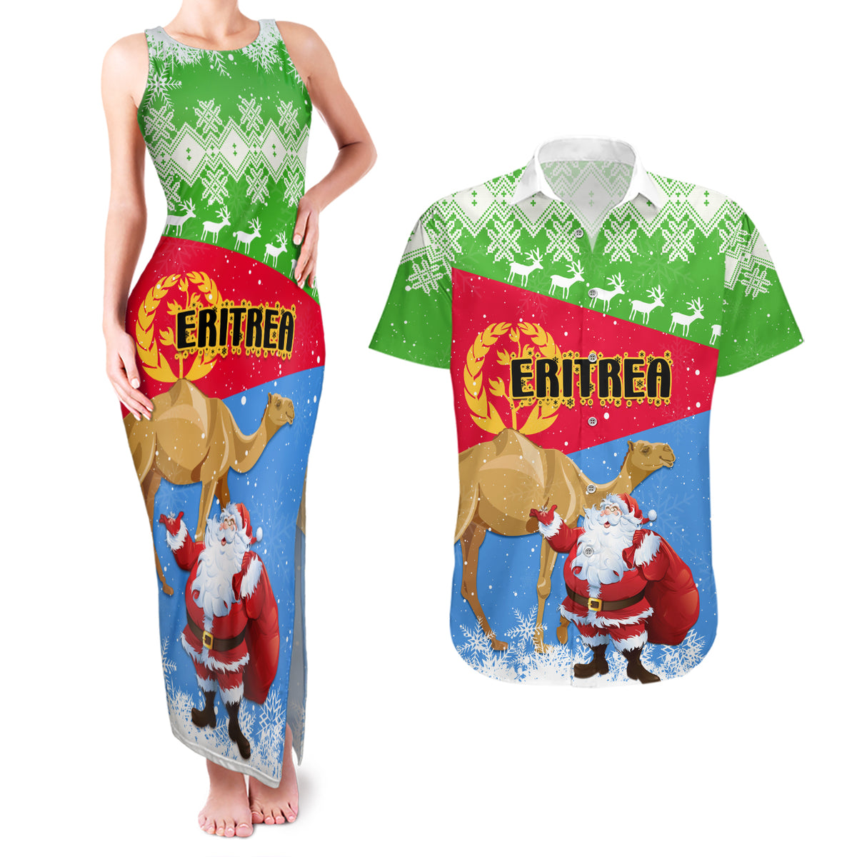 Custom Eritrea Christmas Couples Matching Tank Maxi Dress and Hawaiian Shirt Santa Claus With Dromedary Camel - Wonder Print Shop