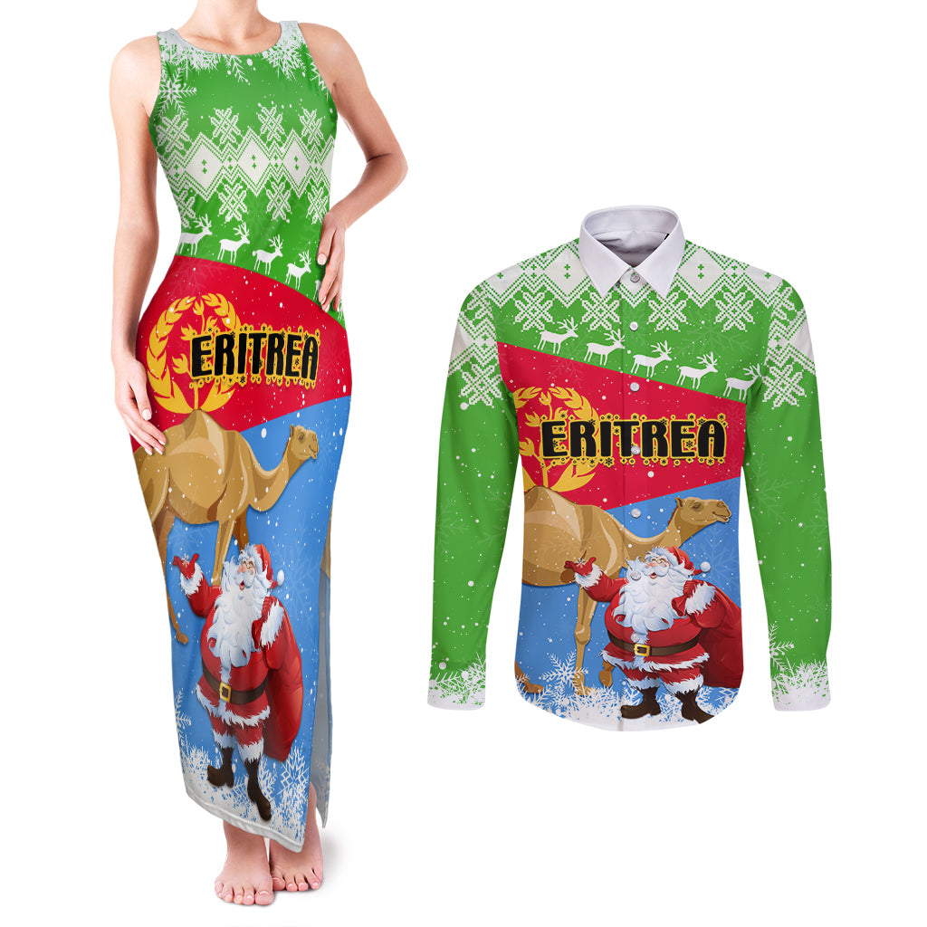 Custom Eritrea Christmas Couples Matching Tank Maxi Dress and Long Sleeve Button Shirt Santa Claus With Dromedary Camel - Wonder Print Shop