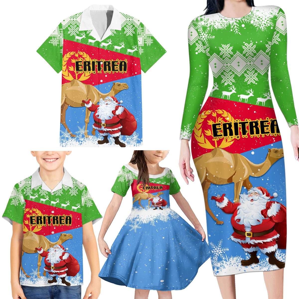 Custom Eritrea Christmas Family Matching Long Sleeve Bodycon Dress and Hawaiian Shirt Santa Claus With Dromedary Camel - Wonder Print Shop