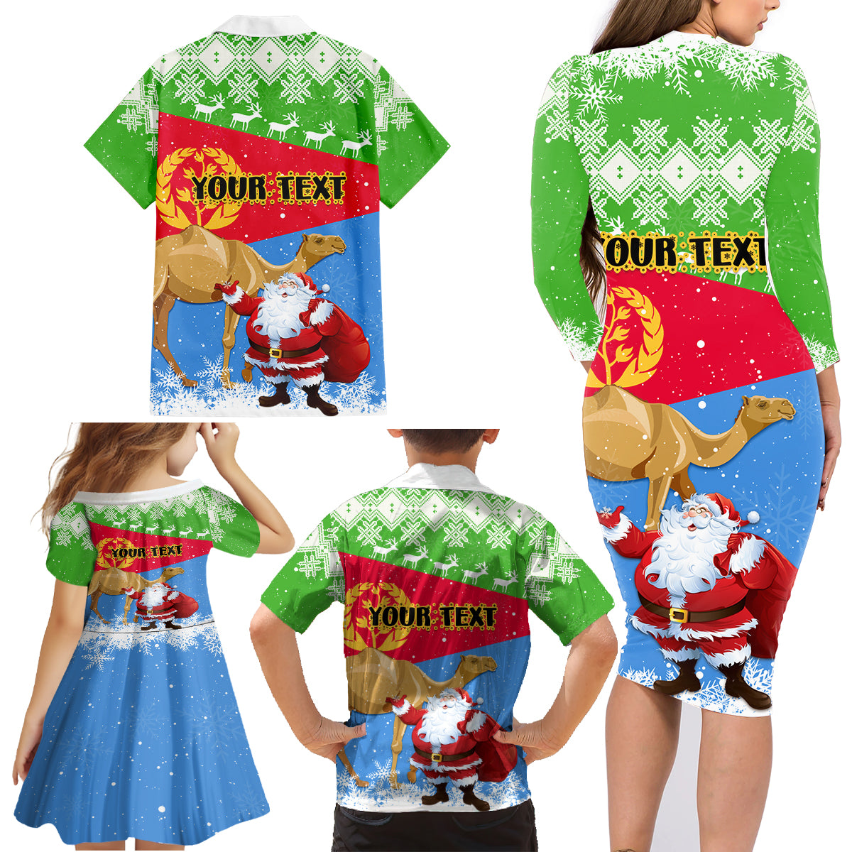 Custom Eritrea Christmas Family Matching Long Sleeve Bodycon Dress and Hawaiian Shirt Santa Claus With Dromedary Camel - Wonder Print Shop