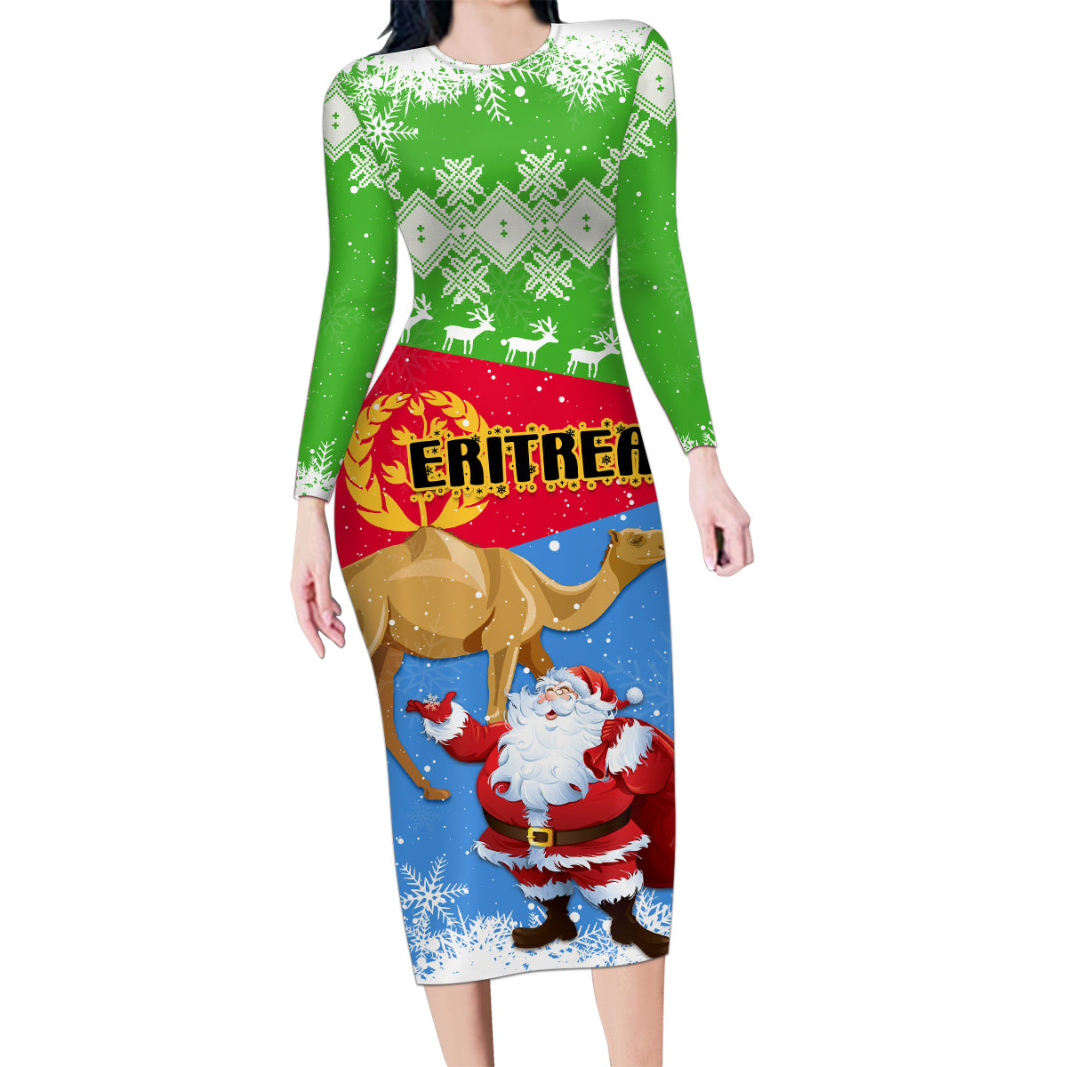 Custom Eritrea Christmas Family Matching Long Sleeve Bodycon Dress and Hawaiian Shirt Santa Claus With Dromedary Camel - Wonder Print Shop