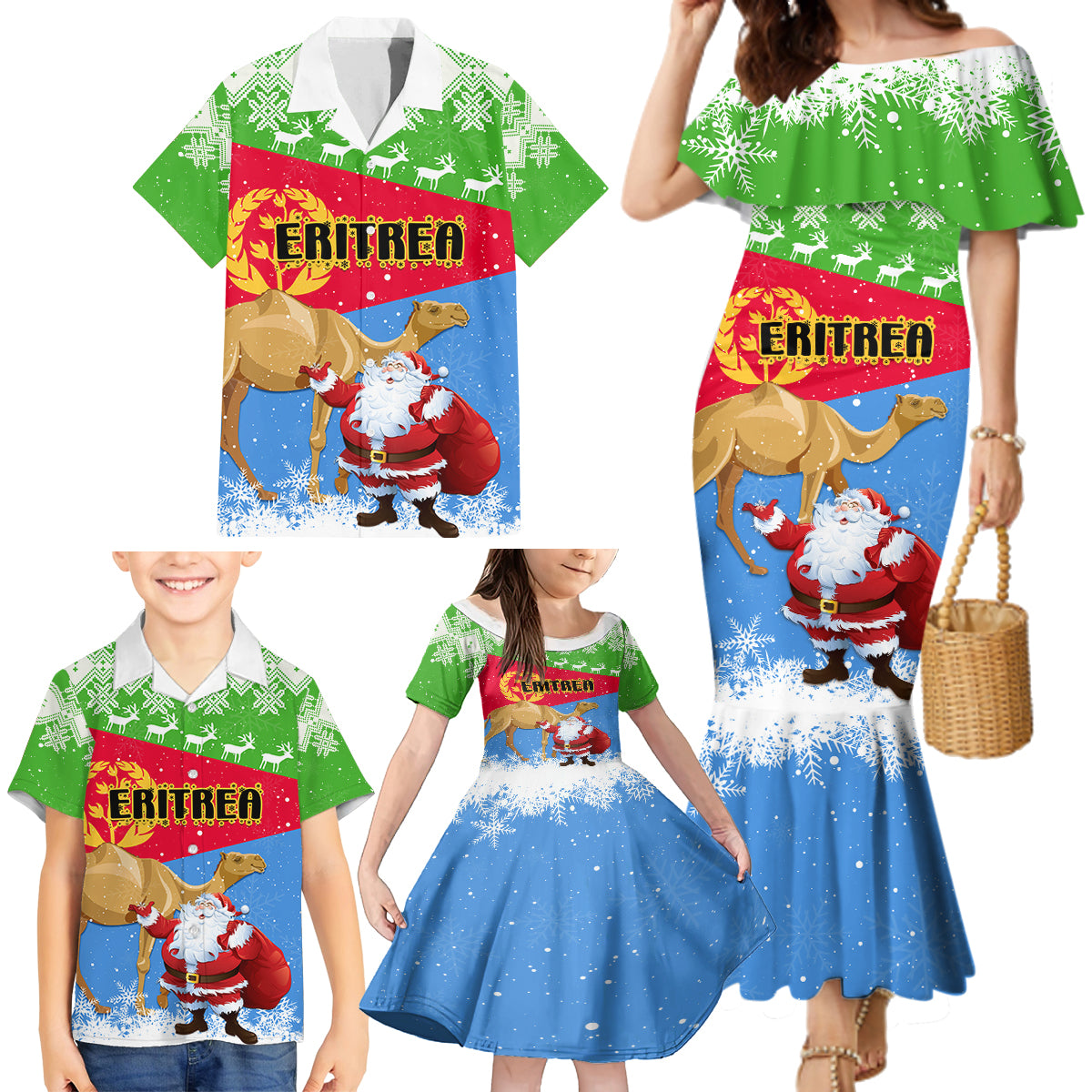 Custom Eritrea Christmas Family Matching Mermaid Dress and Hawaiian Shirt Santa Claus With Dromedary Camel - Wonder Print Shop