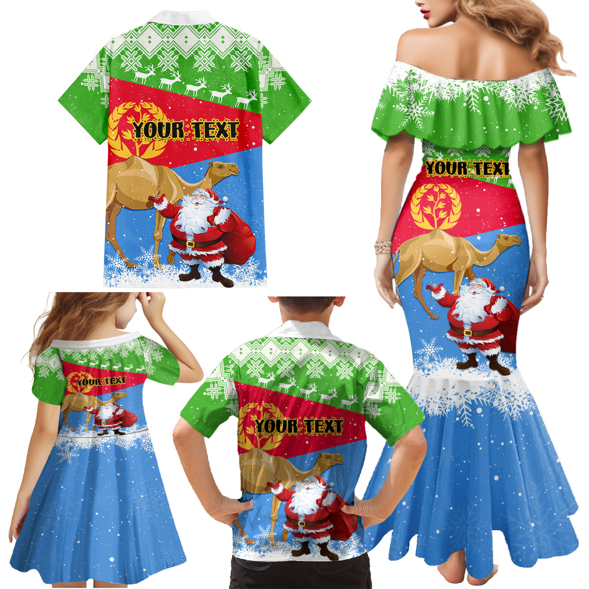 Custom Eritrea Christmas Family Matching Mermaid Dress and Hawaiian Shirt Santa Claus With Dromedary Camel - Wonder Print Shop