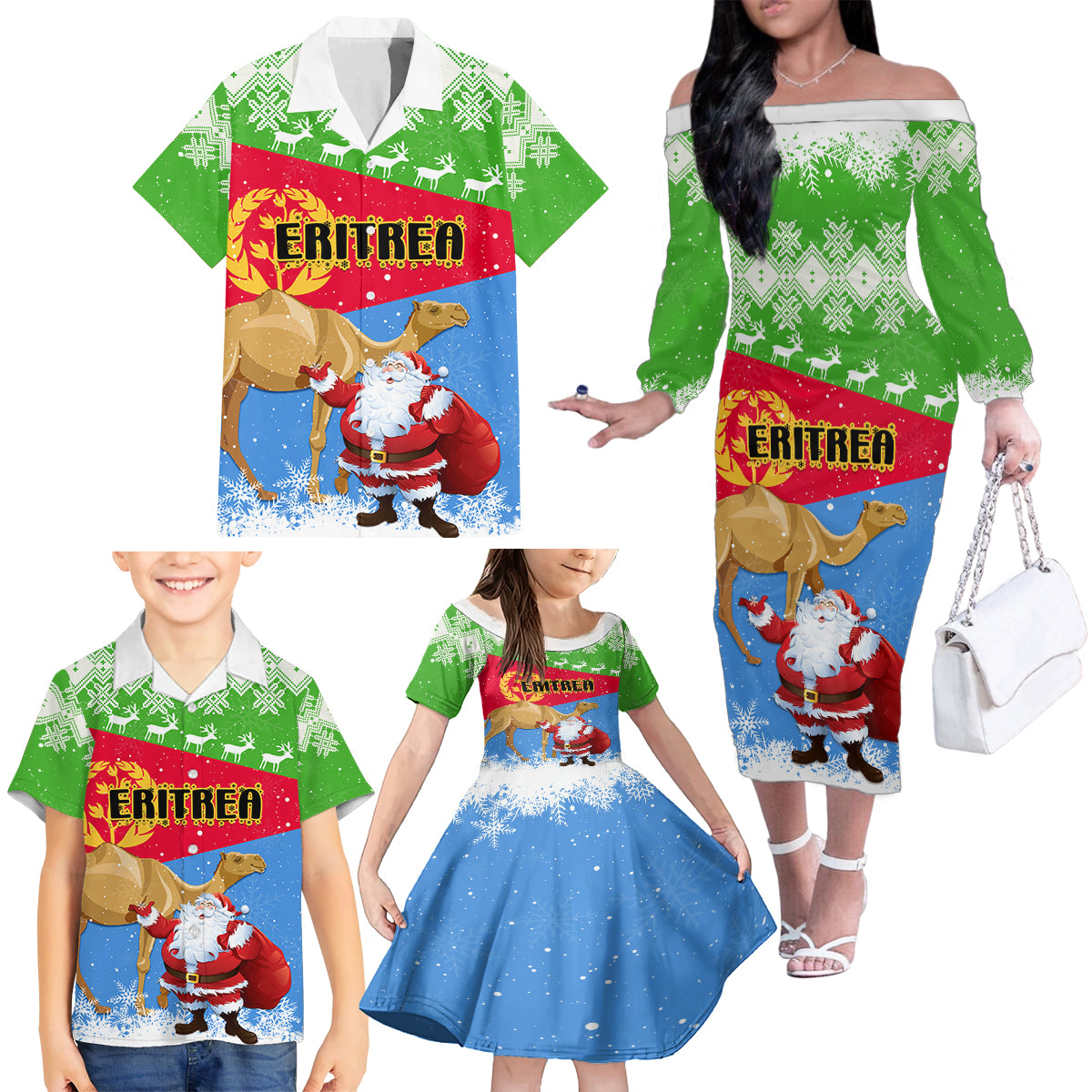 Custom Eritrea Christmas Family Matching Off Shoulder Long Sleeve Dress and Hawaiian Shirt Santa Claus With Dromedary Camel - Wonder Print Shop