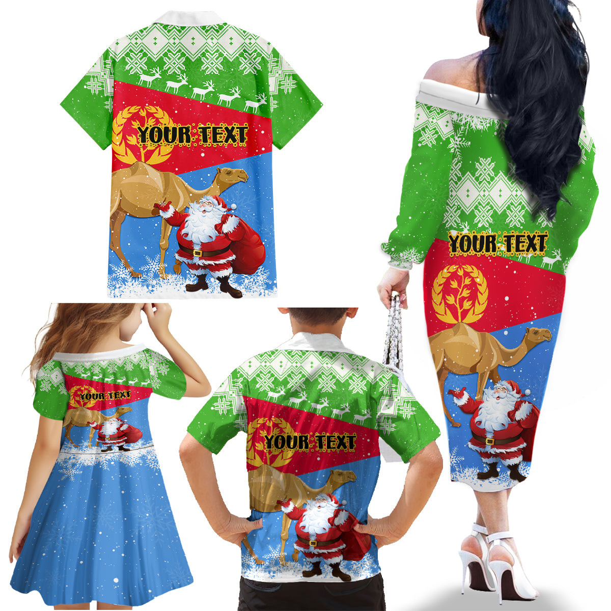 Custom Eritrea Christmas Family Matching Off Shoulder Long Sleeve Dress and Hawaiian Shirt Santa Claus With Dromedary Camel - Wonder Print Shop