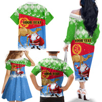 Custom Eritrea Christmas Family Matching Off Shoulder Long Sleeve Dress and Hawaiian Shirt Santa Claus With Dromedary Camel - Wonder Print Shop