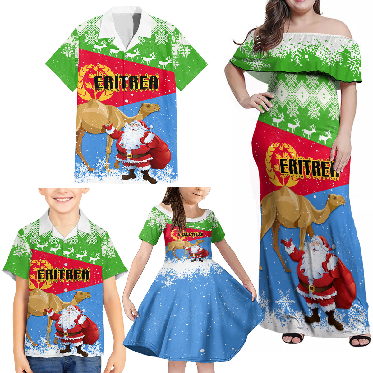 Custom Eritrea Christmas Family Matching Off Shoulder Maxi Dress and Hawaiian Shirt Santa Claus With Dromedary Camel - Wonder Print Shop