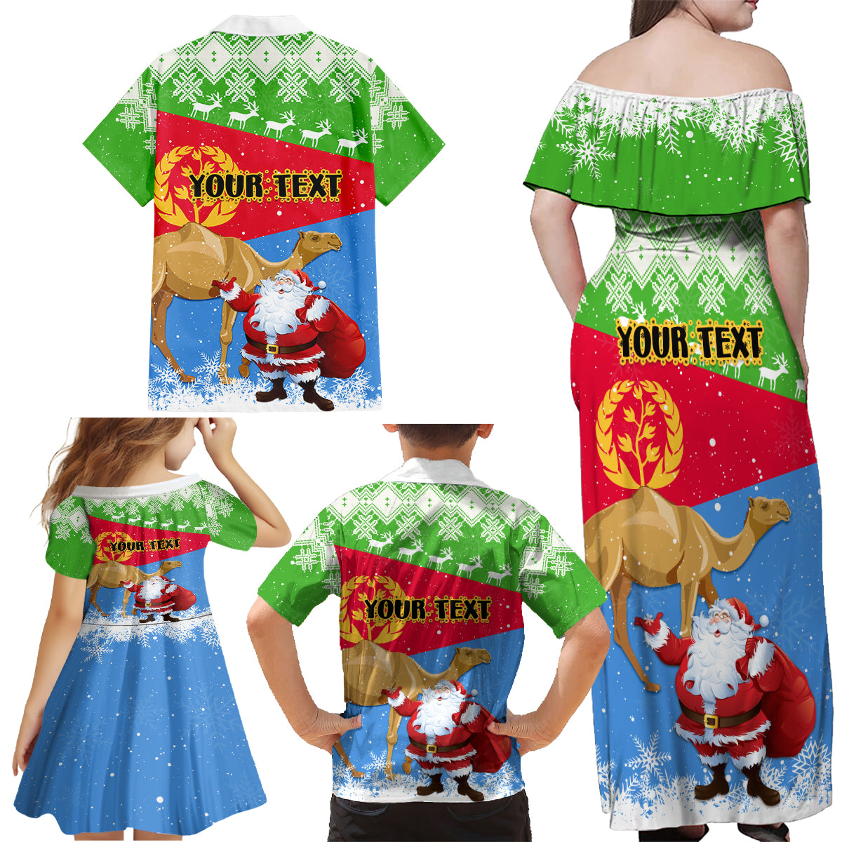 Custom Eritrea Christmas Family Matching Off Shoulder Maxi Dress and Hawaiian Shirt Santa Claus With Dromedary Camel - Wonder Print Shop