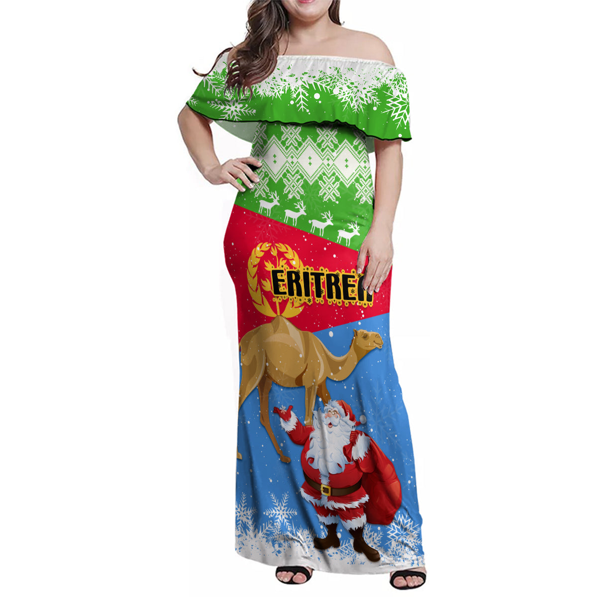 Custom Eritrea Christmas Family Matching Off Shoulder Maxi Dress and Hawaiian Shirt Santa Claus With Dromedary Camel - Wonder Print Shop