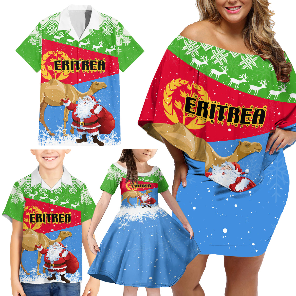Custom Eritrea Christmas Family Matching Off Shoulder Short Dress and Hawaiian Shirt Santa Claus With Dromedary Camel - Wonder Print Shop