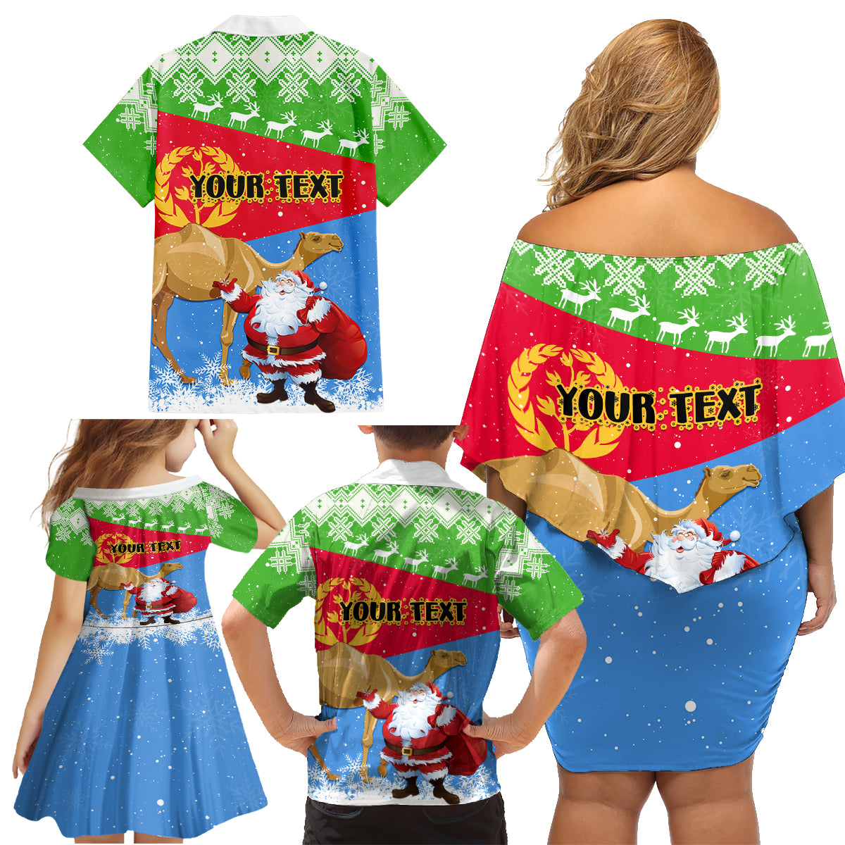 Custom Eritrea Christmas Family Matching Off Shoulder Short Dress and Hawaiian Shirt Santa Claus With Dromedary Camel - Wonder Print Shop