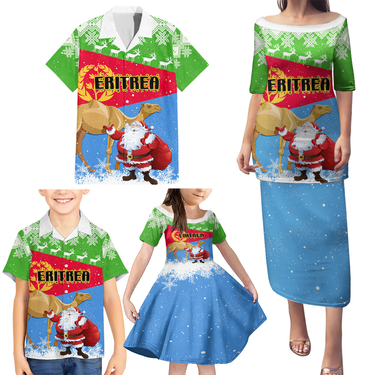 Custom Eritrea Christmas Family Matching Puletasi Dress and Hawaiian Shirt Santa Claus With Dromedary Camel - Wonder Print Shop