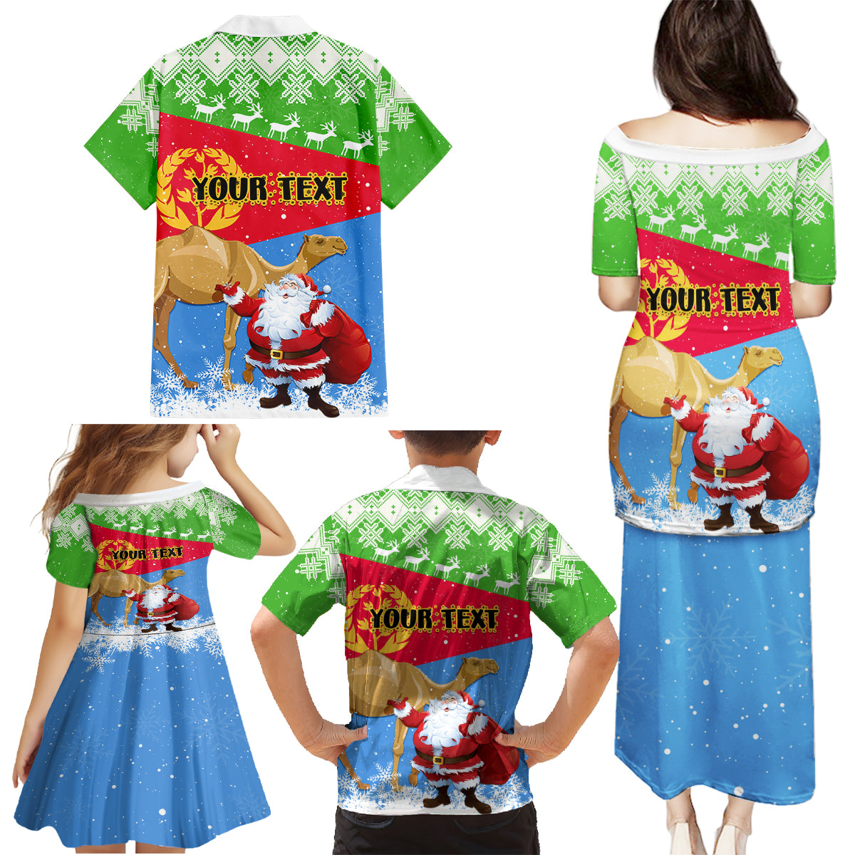 Custom Eritrea Christmas Family Matching Puletasi Dress and Hawaiian Shirt Santa Claus With Dromedary Camel - Wonder Print Shop
