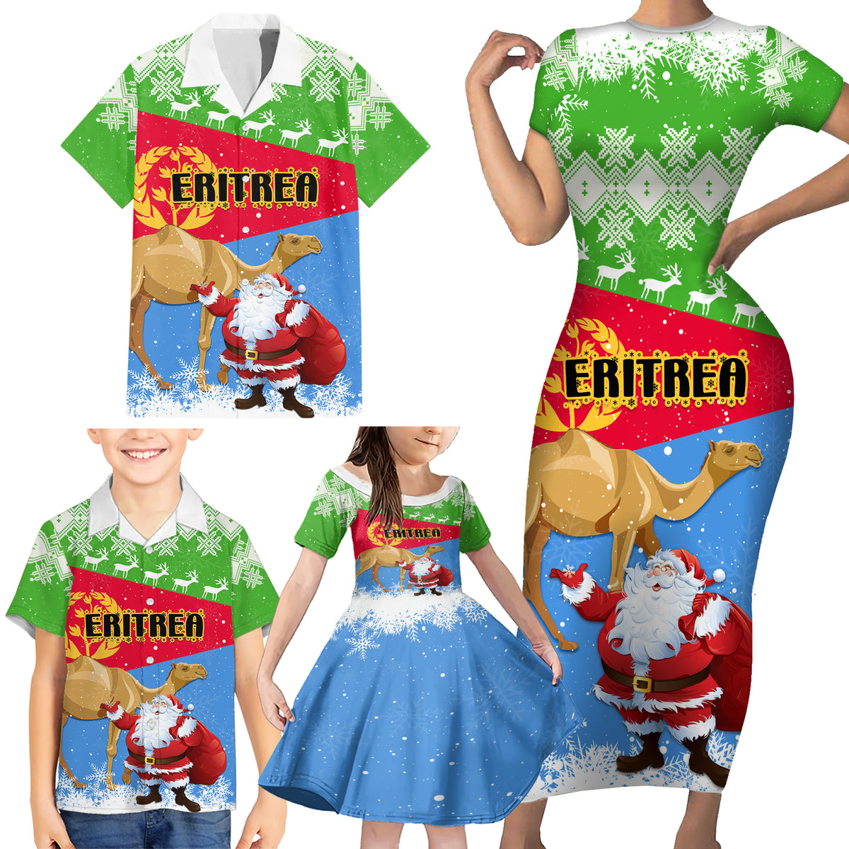 Custom Eritrea Christmas Family Matching Short Sleeve Bodycon Dress and Hawaiian Shirt Santa Claus With Dromedary Camel - Wonder Print Shop