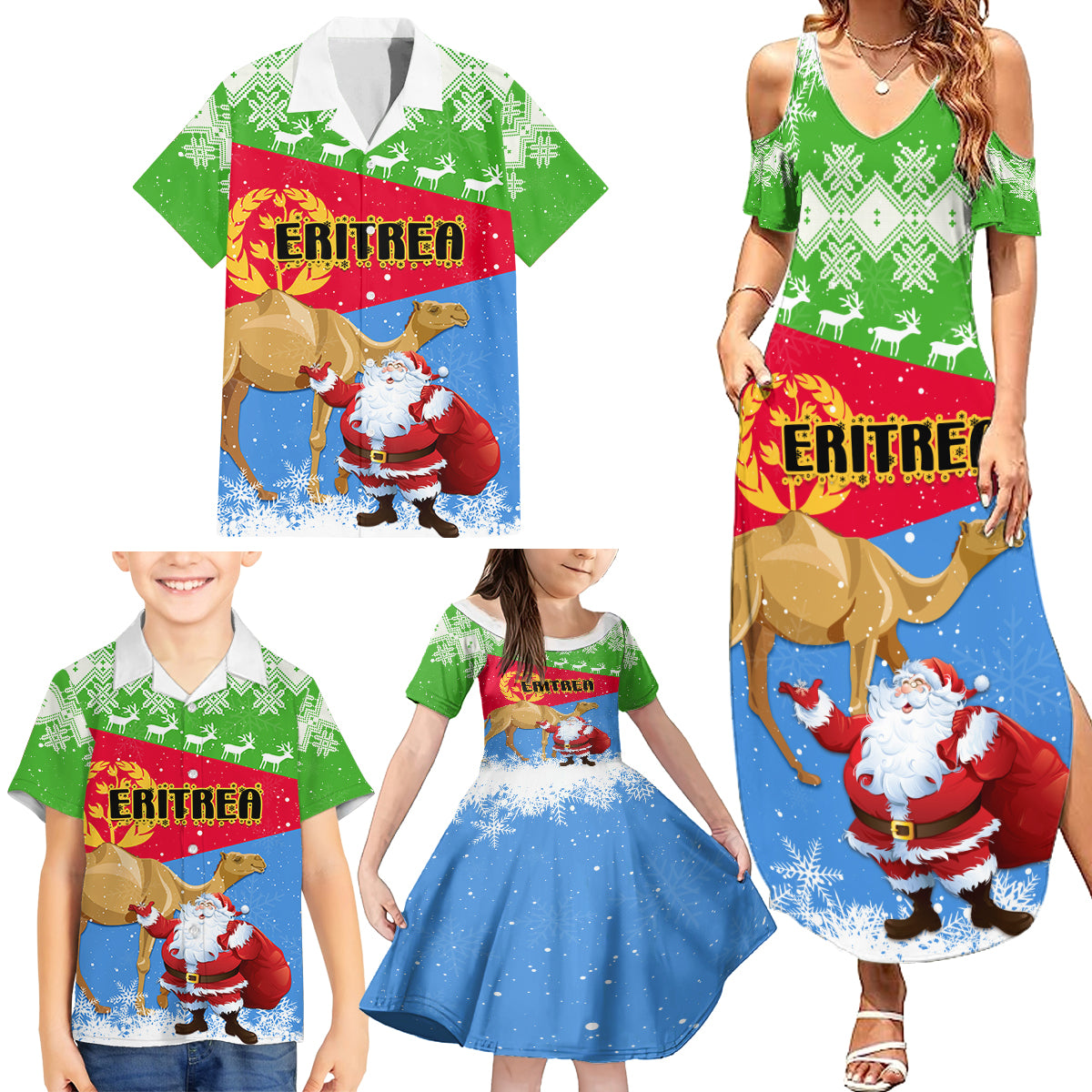 Custom Eritrea Christmas Family Matching Summer Maxi Dress and Hawaiian Shirt Santa Claus With Dromedary Camel - Wonder Print Shop