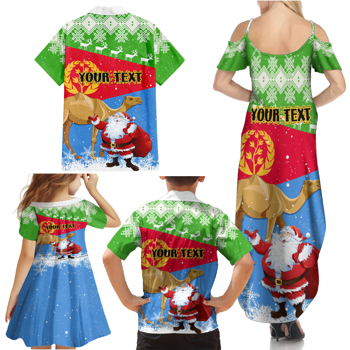Custom Eritrea Christmas Family Matching Summer Maxi Dress and Hawaiian Shirt Santa Claus With Dromedary Camel - Wonder Print Shop