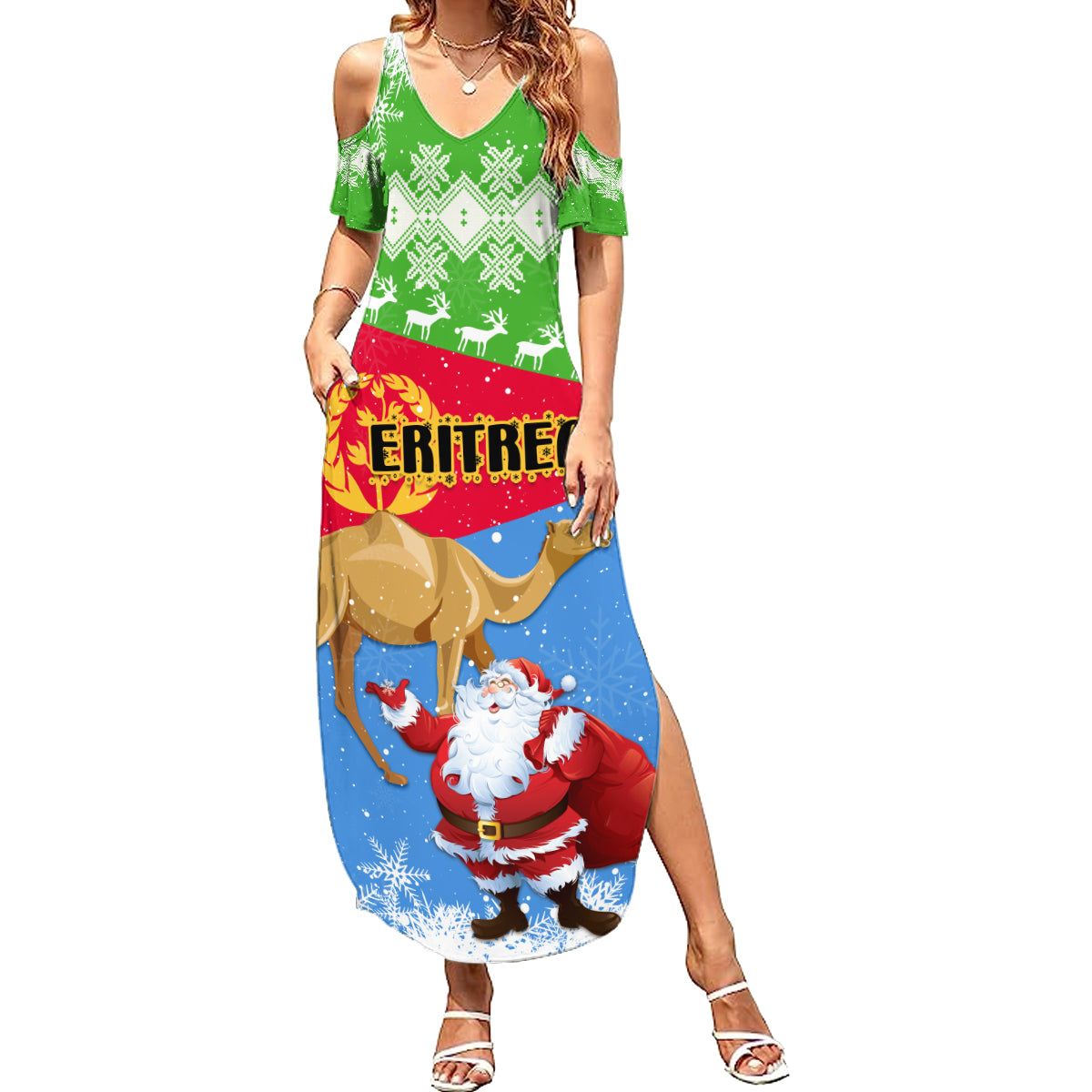 Custom Eritrea Christmas Family Matching Summer Maxi Dress and Hawaiian Shirt Santa Claus With Dromedary Camel - Wonder Print Shop