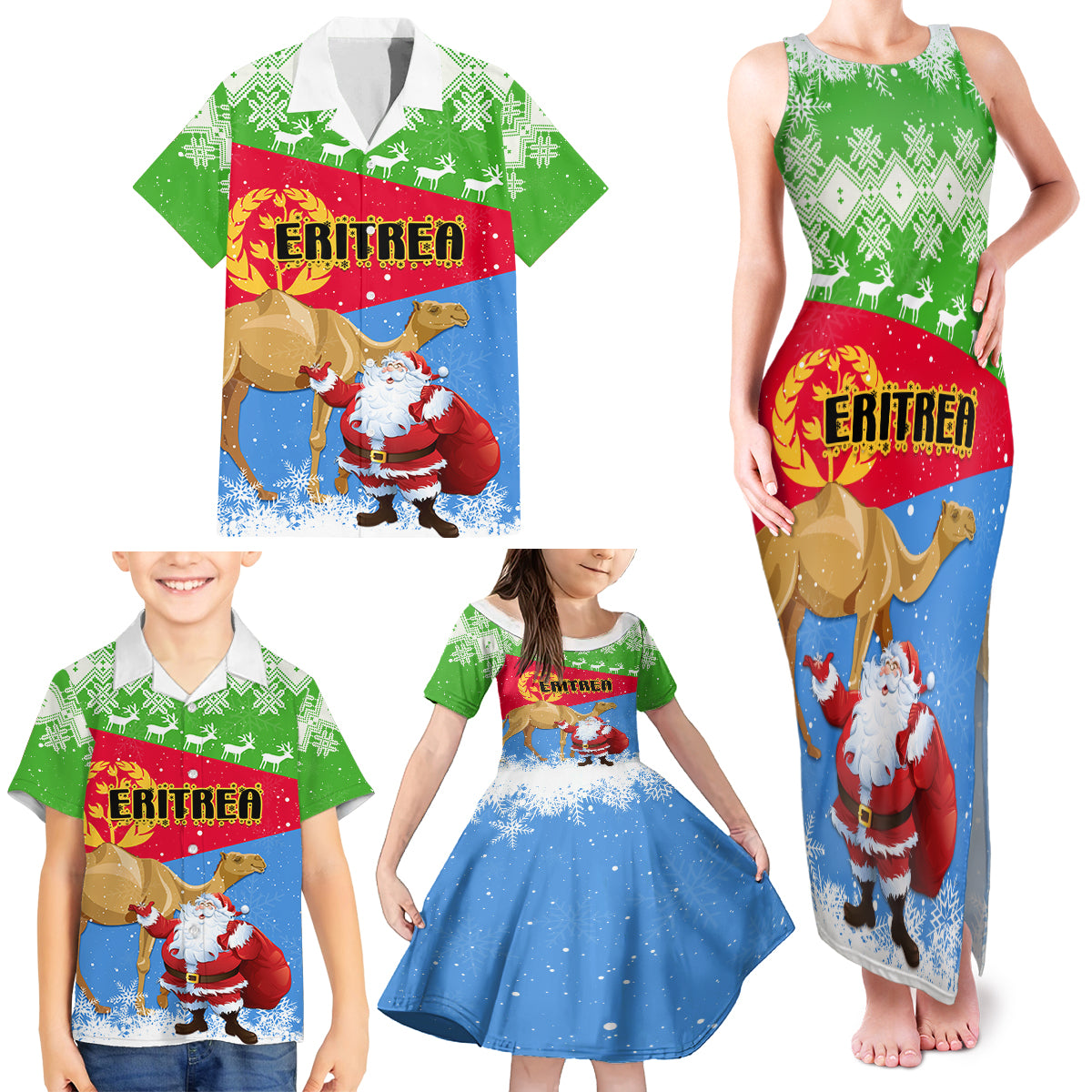 Custom Eritrea Christmas Family Matching Tank Maxi Dress and Hawaiian Shirt Santa Claus With Dromedary Camel - Wonder Print Shop