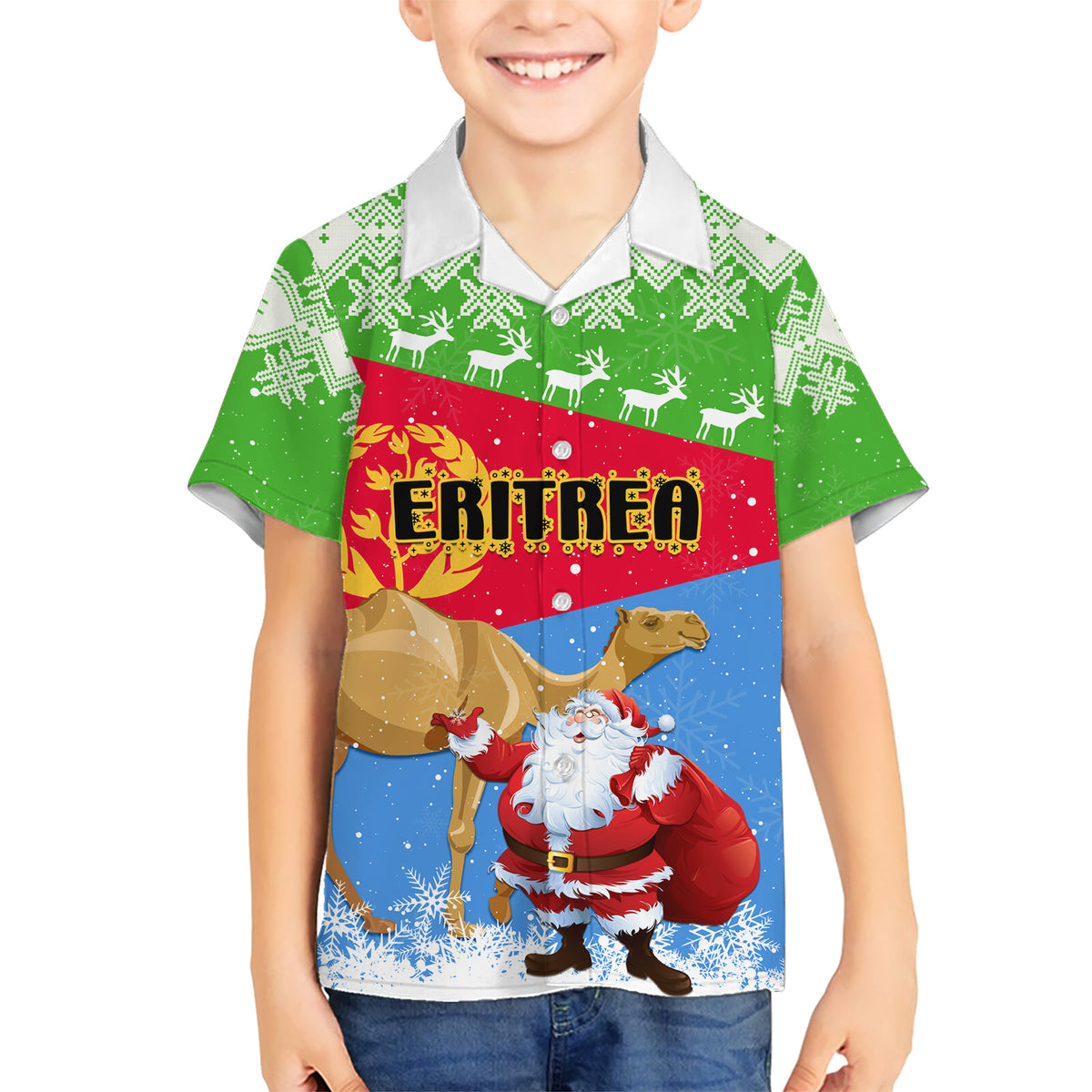 Custom Eritrea Christmas Kid Hawaiian Shirt Santa Claus With Dromedary Camel - Wonder Print Shop