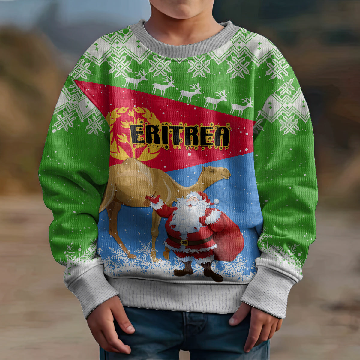 Custom Eritrea Christmas Kid Ugly Christmas Sweater Santa Claus With Dromedary Camel - Wonder Print Shop