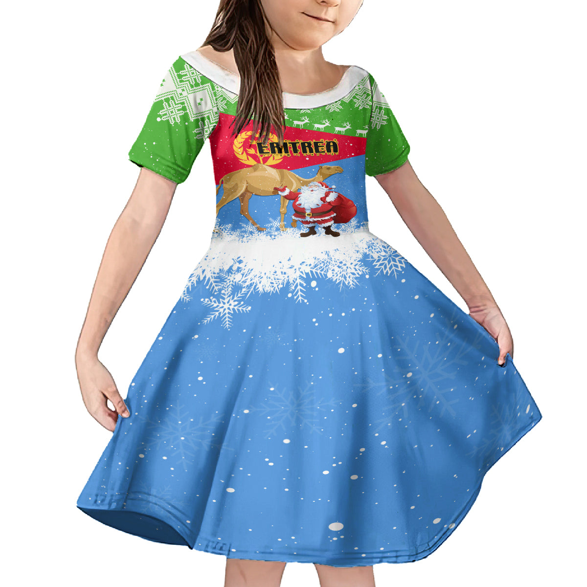 Custom Eritrea Christmas Kid Short Sleeve Dress Santa Claus With Dromedary Camel - Wonder Print Shop