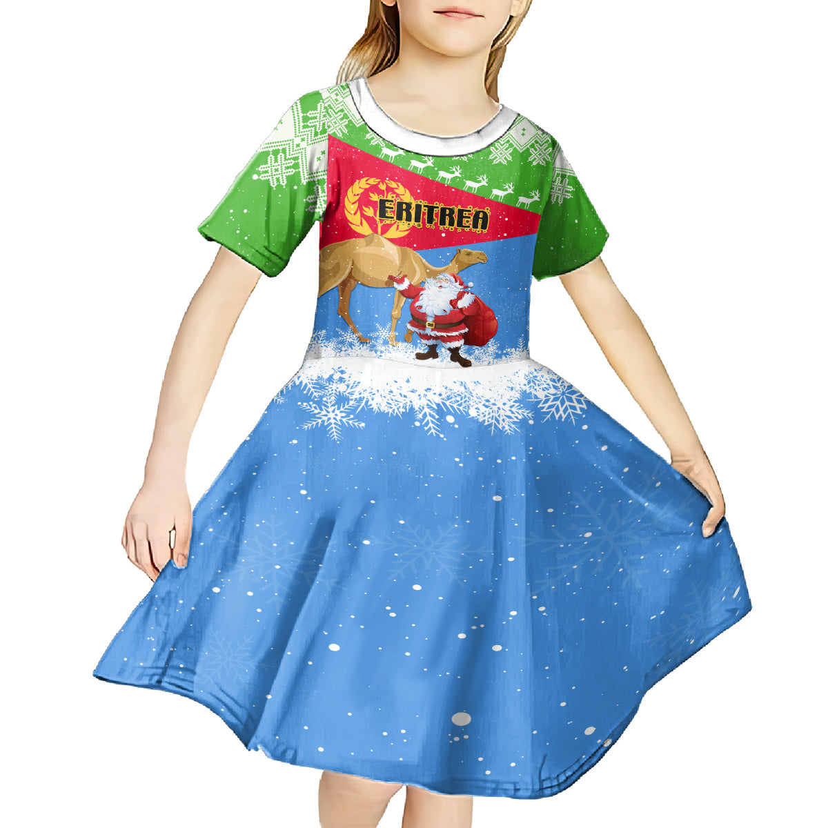 Custom Eritrea Christmas Kid Short Sleeve Dress Santa Claus With Dromedary Camel - Wonder Print Shop