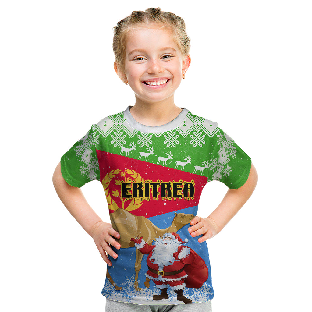 Custom Eritrea Christmas Kid T Shirt Santa Claus With Dromedary Camel - Wonder Print Shop