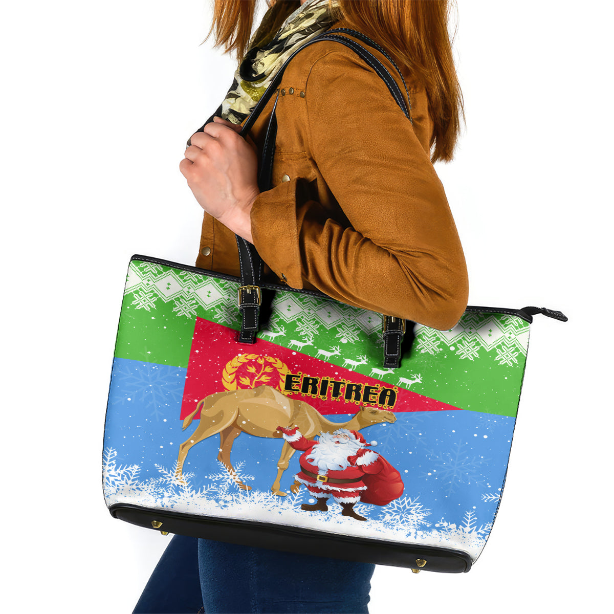 Custom Eritrea Christmas Leather Tote Bag Santa Claus With Dromedary Camel - Wonder Print Shop