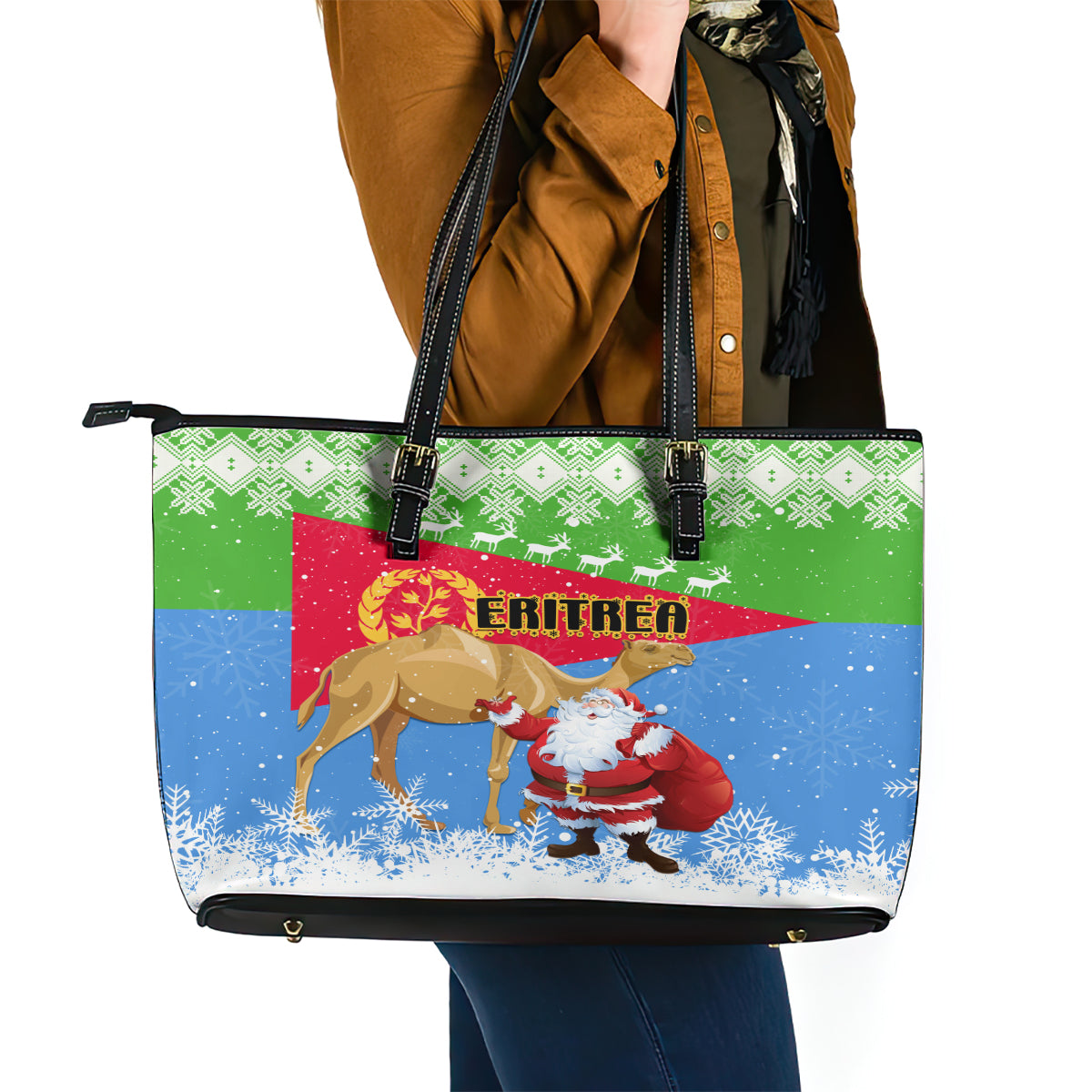 Custom Eritrea Christmas Leather Tote Bag Santa Claus With Dromedary Camel - Wonder Print Shop