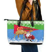Custom Eritrea Christmas Leather Tote Bag Santa Claus With Dromedary Camel - Wonder Print Shop