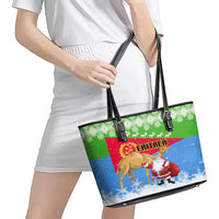 Custom Eritrea Christmas Leather Tote Bag Santa Claus With Dromedary Camel - Wonder Print Shop