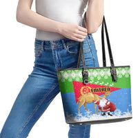 Custom Eritrea Christmas Leather Tote Bag Santa Claus With Dromedary Camel - Wonder Print Shop