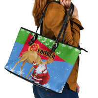 Custom Eritrea Christmas Leather Tote Bag Santa Claus With Dromedary Camel - Wonder Print Shop