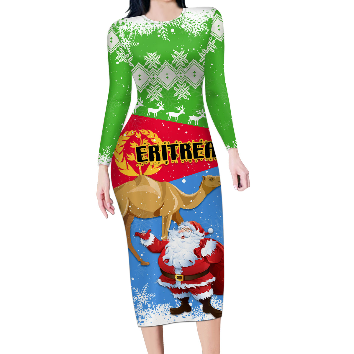 Custom Eritrea Christmas Long Sleeve Bodycon Dress Santa Claus With Dromedary Camel - Wonder Print Shop