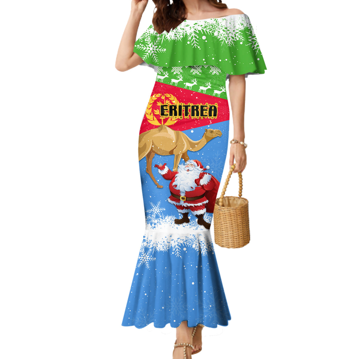 Custom Eritrea Christmas Mermaid Dress Santa Claus With Dromedary Camel - Wonder Print Shop