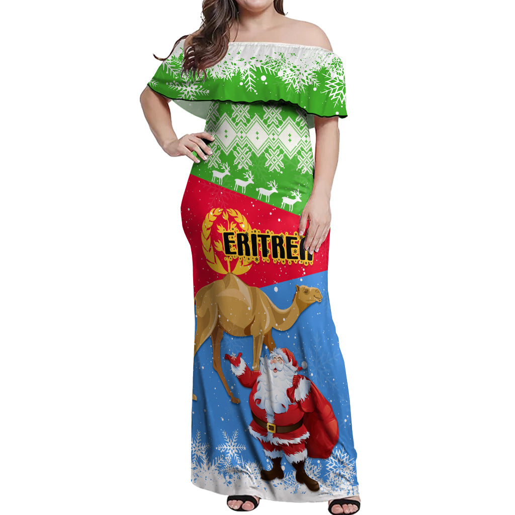 Custom Eritrea Christmas Off Shoulder Maxi Dress Santa Claus With Dromedary Camel - Wonder Print Shop