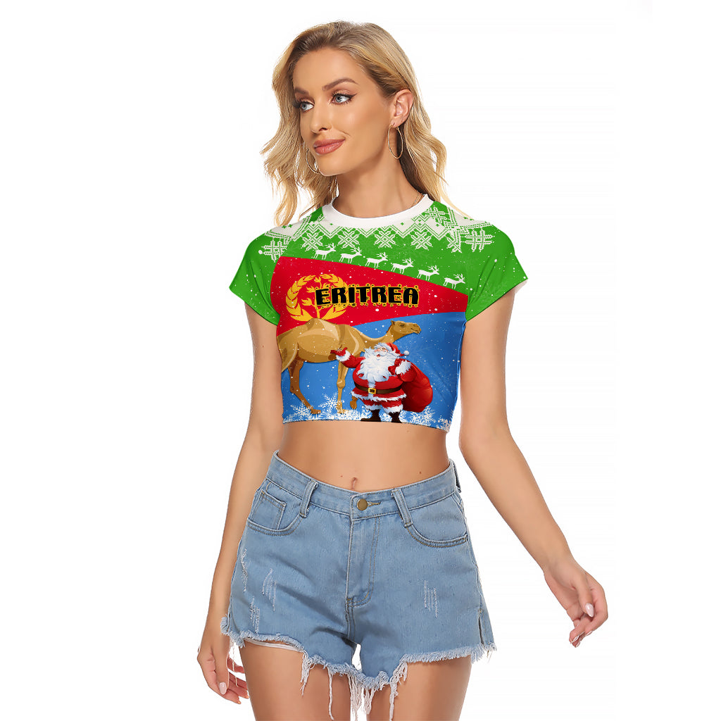 Custom Eritrea Christmas Raglan Cropped T Shirt Santa Claus With Dromedary Camel - Wonder Print Shop